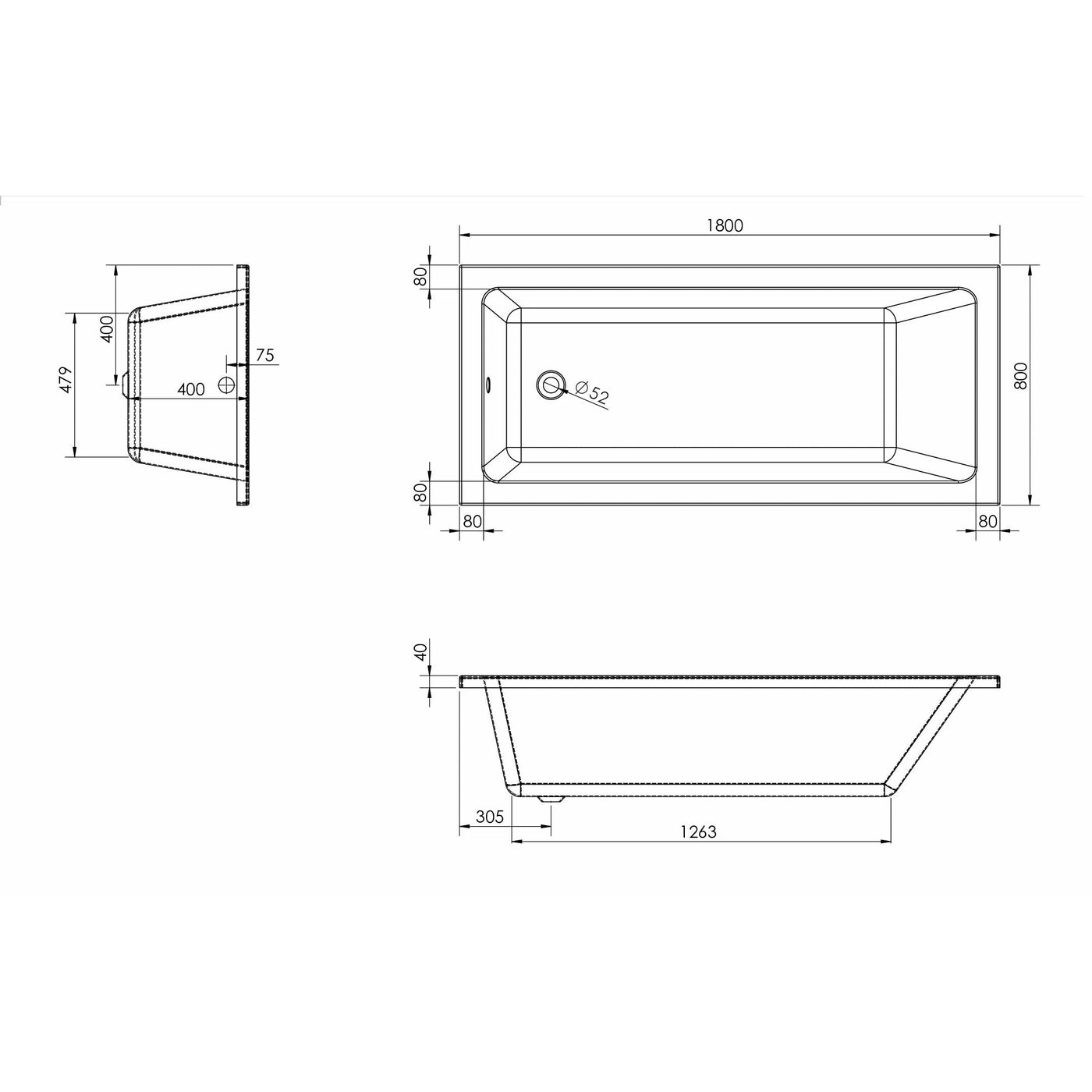 Large Single Ended Bathtub - 1800 x 800 | Saneux Stetson - Letta London - 