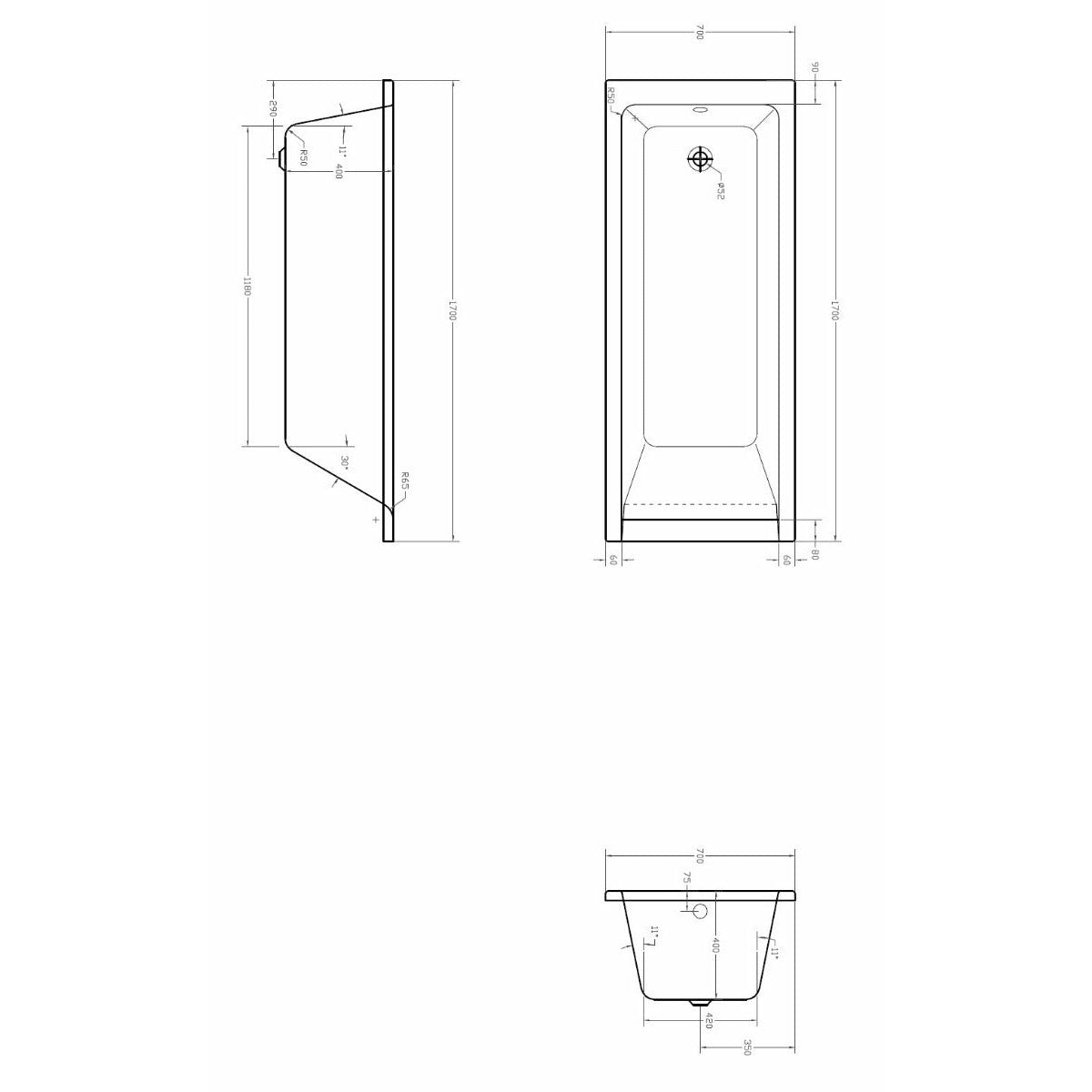 Medici Square Single-Ended Straight Bath - Euro Look - Letta London - 