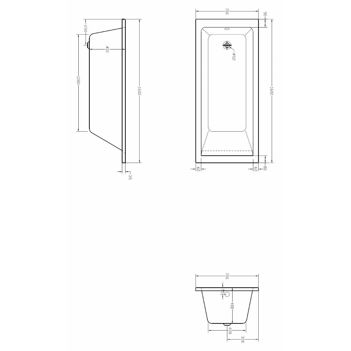 Medici Square Single-Ended Straight Bath - Euro Look - Letta London - 