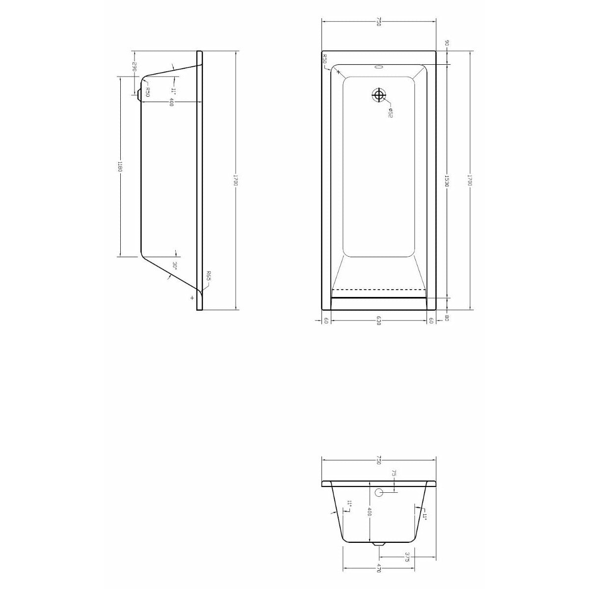 Medici Square Single-Ended Straight Bath - Euro Look - Letta London - 