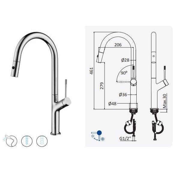 Mixer Tap with swivel spout and pull-out hand shower, with 2 jets - Letta London - 