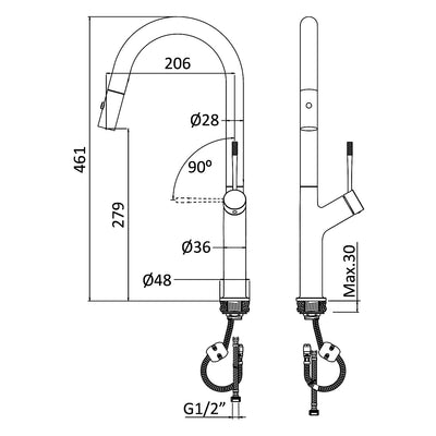 Mixer Tap with swivel spout and pull-out hand shower, with 2 jets - Letta London - 