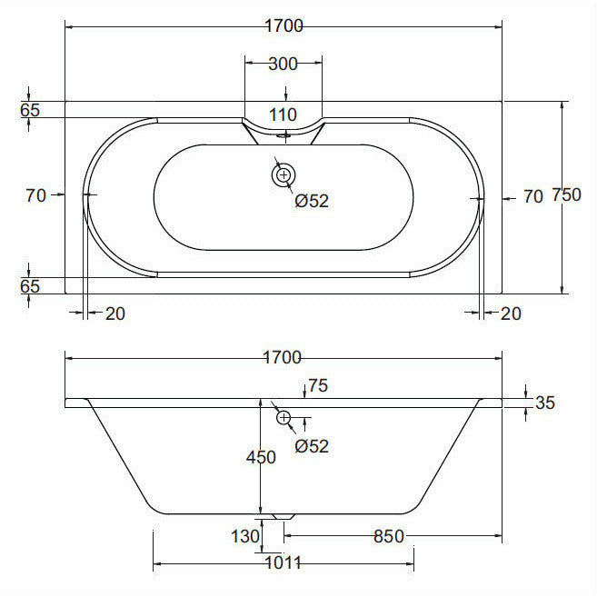 Round Double-Ended Straight Bath - 1700 x 750mm | Luna - Letta London - 