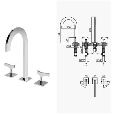 Royal Deck-mounted 3-Hole Basin Mixer Tap, Luxury Style
