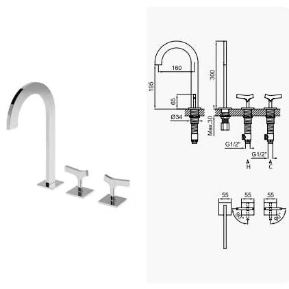 Royal Deck-mounted 3-Hole Basin Mixer Tap, Side by Side Handles