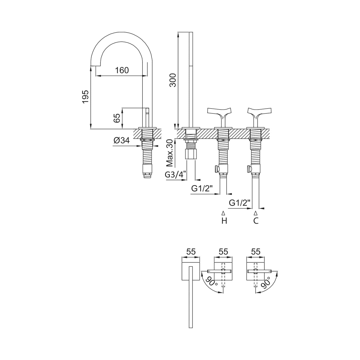 Royal Deck-mounted 3-Hole Basin Mixer Tap, Side by Side Handles