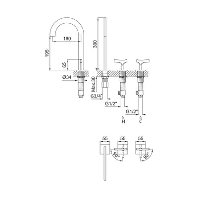 Royal Deck-mounted 3-Hole Basin Mixer Tap, Side by Side Handles