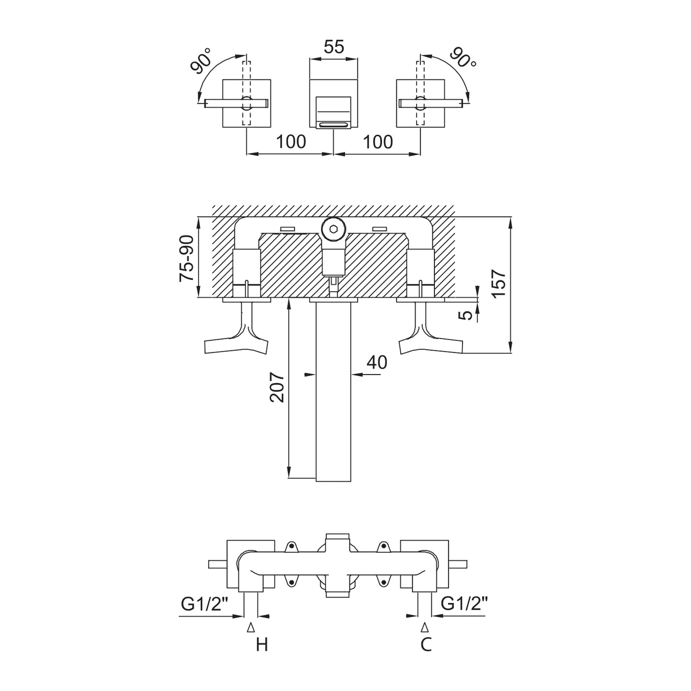 Royale 3-Hole Basin Mixer Tap, Chrome - Wall-Mounted Luxury