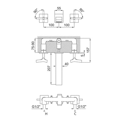 Royale 3-Hole Basin Mixer Tap, Chrome - Wall-Mounted Luxury