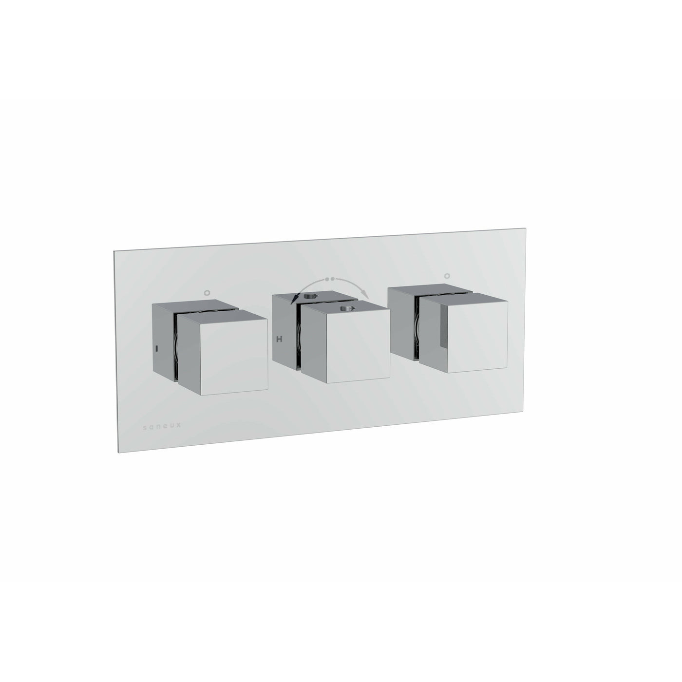 Saneux Chrome 3 hole 3 outlets thermostatic valve handle with plate, Square Landscape - Letta London - Thermostatic Showers