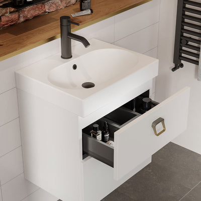 Saneux Matt White Wall-Mounted Vanity Unit and Sink (600mm) - Letta London - Vanity Units