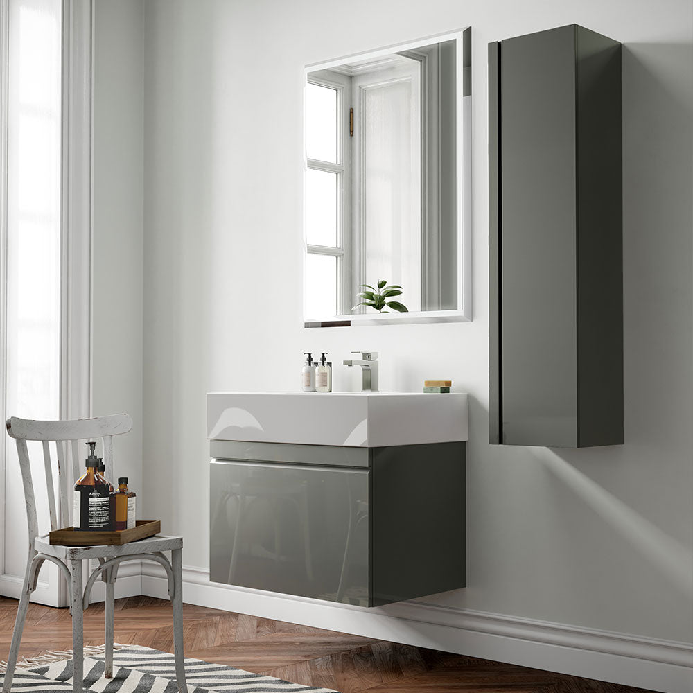 Saneux Wall Mounted Unit Gloss Grey with White Washbasin 600mm - Letta London - Cloakroom Vanity Units