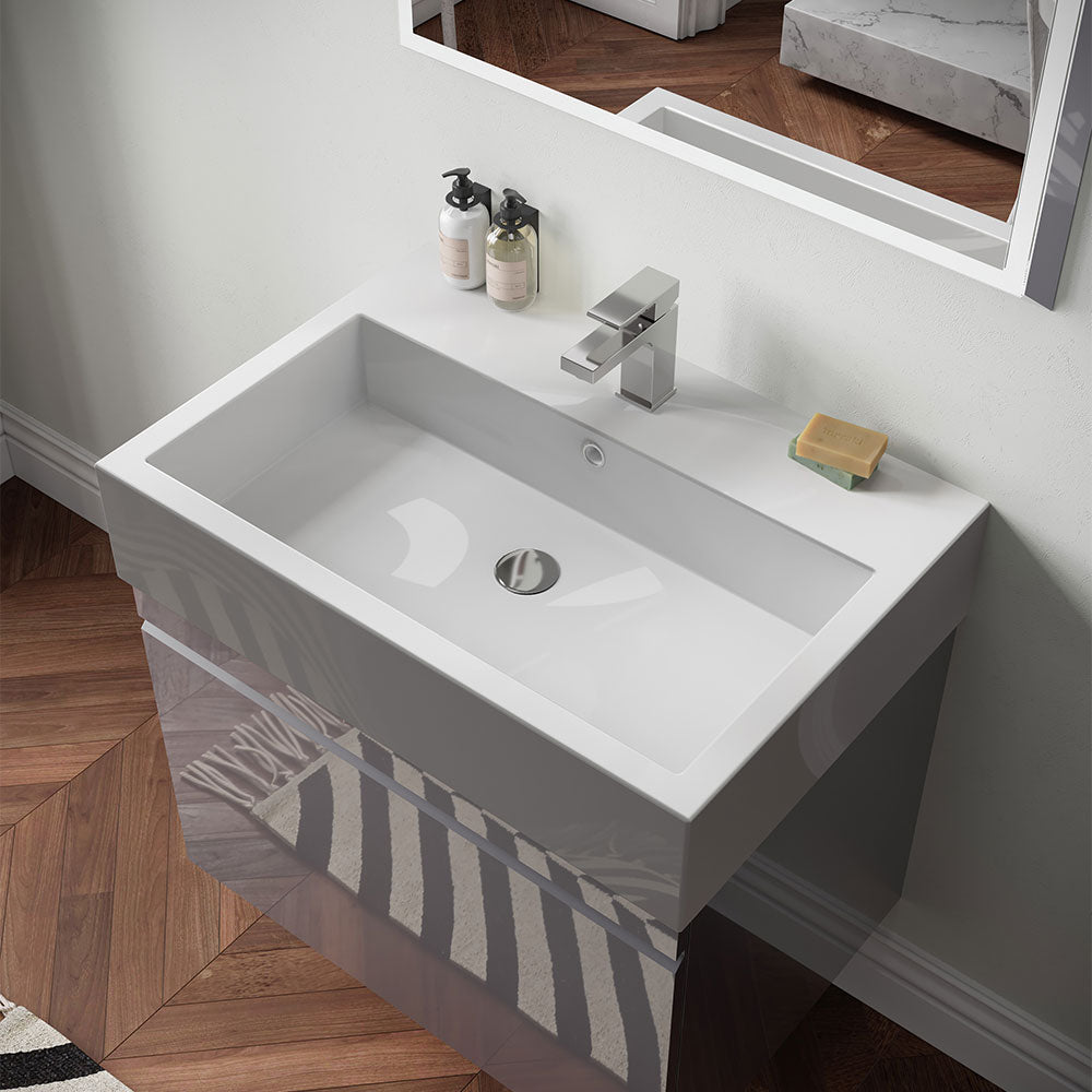 Saneux Wall Mounted Unit Gloss Grey with White Washbasin 600mm - Letta London - Cloakroom Vanity Units