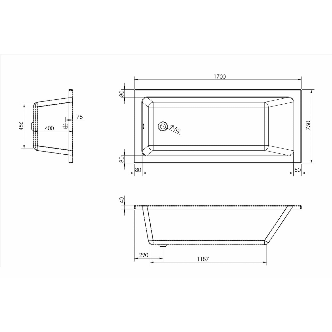 Single Ended Bathtub - 1700 x 750 | Saneux Stetson - Letta London - 