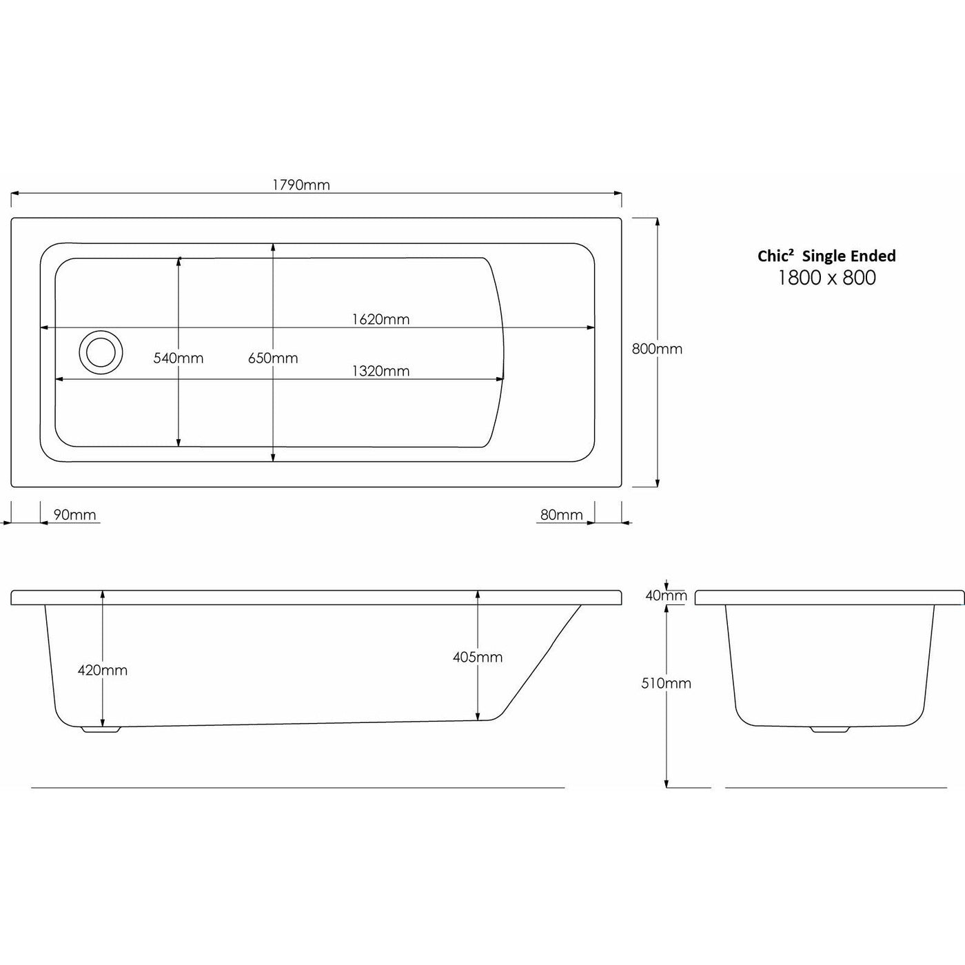 Square Single-Ended Straight Bath - Chic - Letta London - 