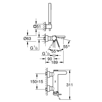 Wall Mounted Chrome GROHE Plus Single-lever bath/shower mixer 1/2" - Letta London - 